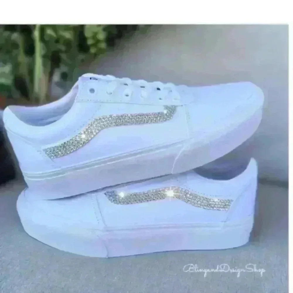 Vans Platform Old Skool White Sneakers Shoes Customized with Swarovski Crystals - Picture 7 of 9